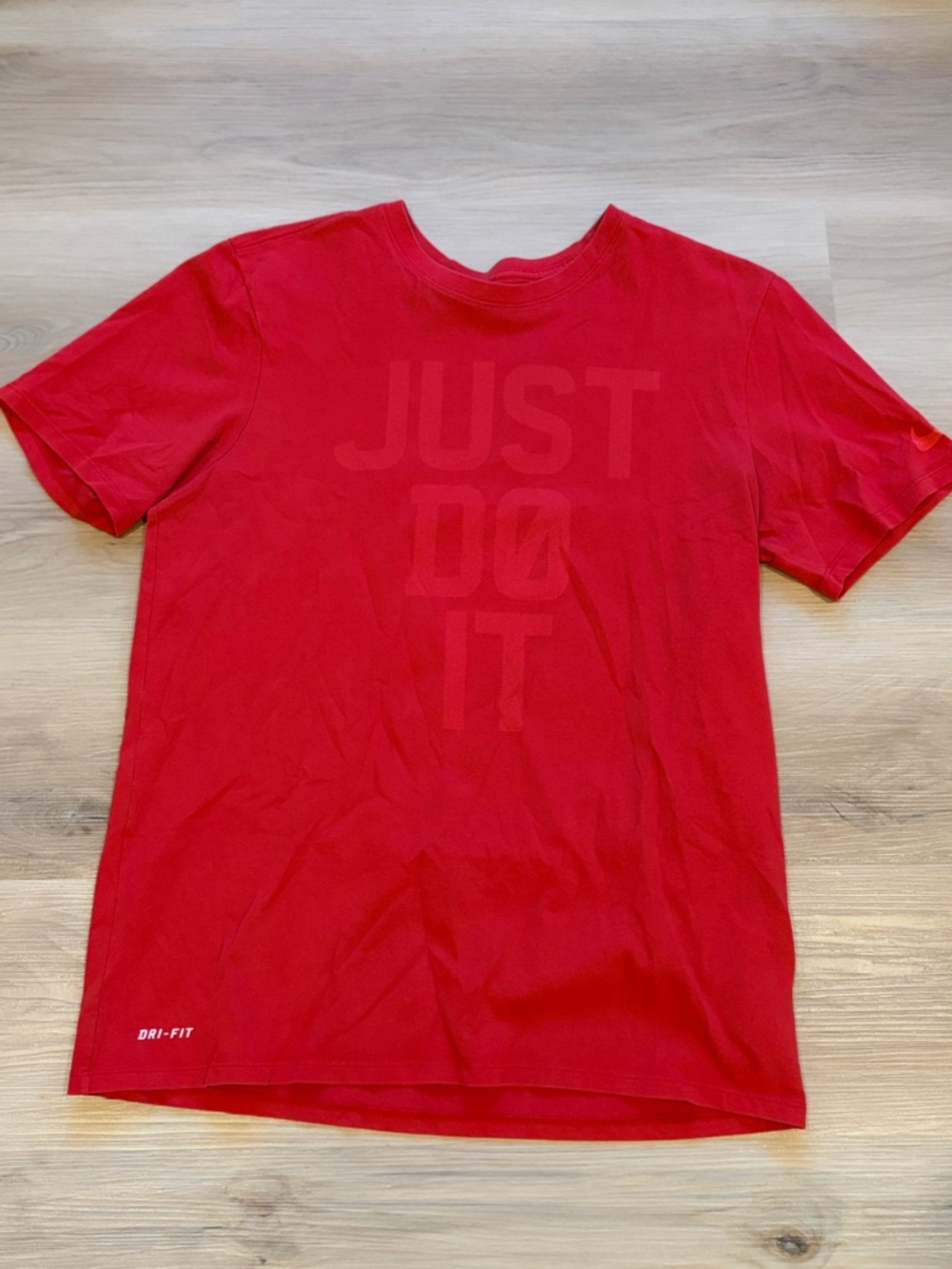 Nike - Women’s Athletic Cut Red Short Sleeve Dri-FIT 'Just Do It' Tee - L